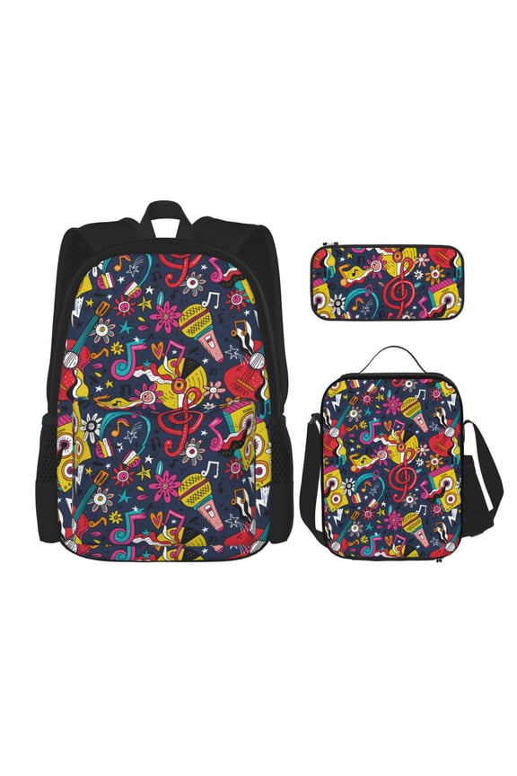 Rock Music Print Large Capacity Backpack Lunch Bag Pencil Case Combination 3 Piece Set for Student