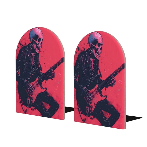 Naloa Rock Skull Guitarist 2 Pcs Bookend Large Capacity Office Book Ends for Home Office Library School Study Decoration