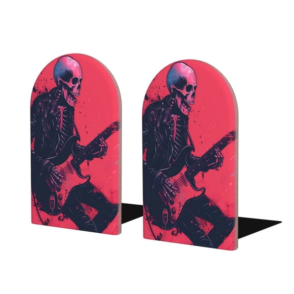 Naloa Rock Skull Guitarist Wood Non-Skid Bookend for Shelves,Book Ends for Heavy Books, Book Stand for CDs,1 Pair