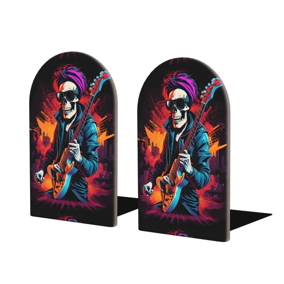 Naloa Rock Skull Singer Wood Non-Skid Bookend for Shelves,Book Ends for Heavy Books, Book Stand for CDs,1 Pair