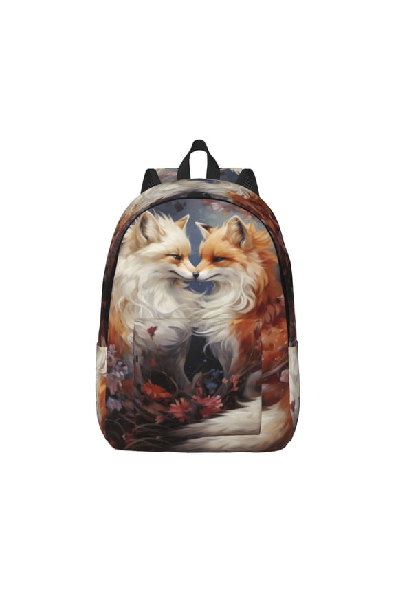 Romantic Flower Fox Couple Canvas Backpack for Men Women Rucksack Casual Travel Daypack College Tote Satchel Bookbag for Teens-Medium