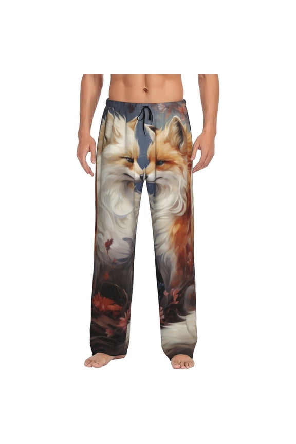 Romantic Flower Fox Couple Pajama Pants Men, PJ Bottoms, Sleep & Lounge Pants-Large