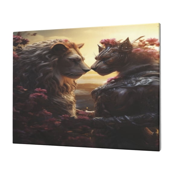 Naloa Romantic Flower Lion Couple Print Canvas Picture,Wall Pictures, Modern Decorative Poster,Art Prints for Bedroom, Toilet, 40 x 30 cm, Built-in Wooden Frame