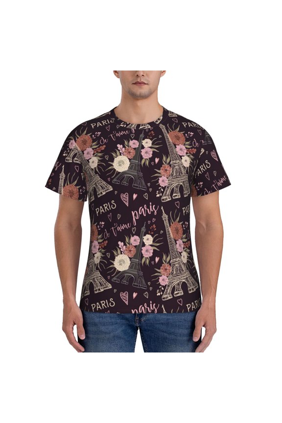 Romantic Paris Men's T-Shirt Sport T-shirt Men's Basic Tee Casual Men's Shirt, Round Neck, Short Sleeves - Medium