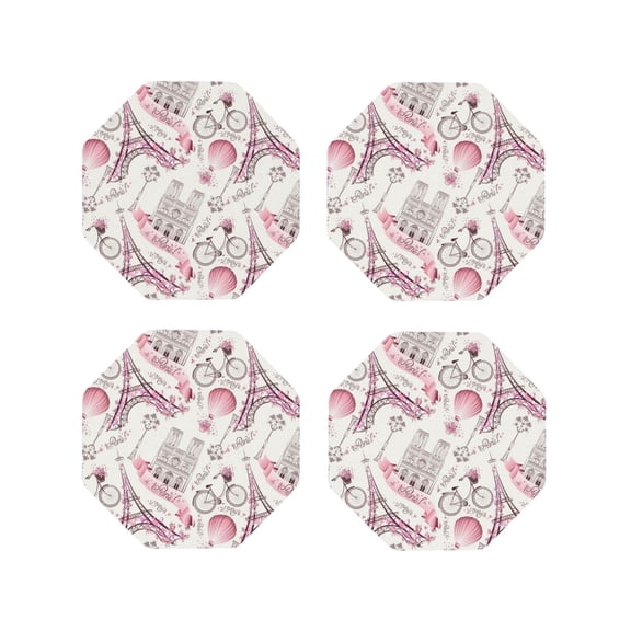 Naloa Romantic Travel In Paris Leather Coasters for Drinks, Durable Drink Coasters 4 Set for Tabletop Protection, Luxurious Home Décor and Housewarming Gift ( {designName})Octagon