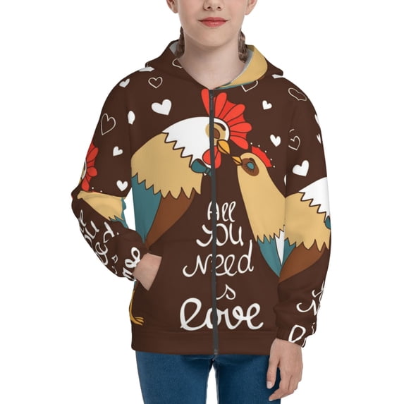 Naloa Rooster And Chicken Teenage Zipper Hoodie, Long Sleeve Zip Up Hoodies Casual Jackets Tops for 7-12 Years-Small