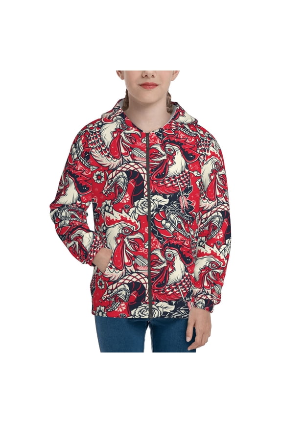 Rooster Head Teenage Zipper Hoodie, Long Sleeve Zip Up Hoodies Casual Jackets Tops for 7-12 Years-Small