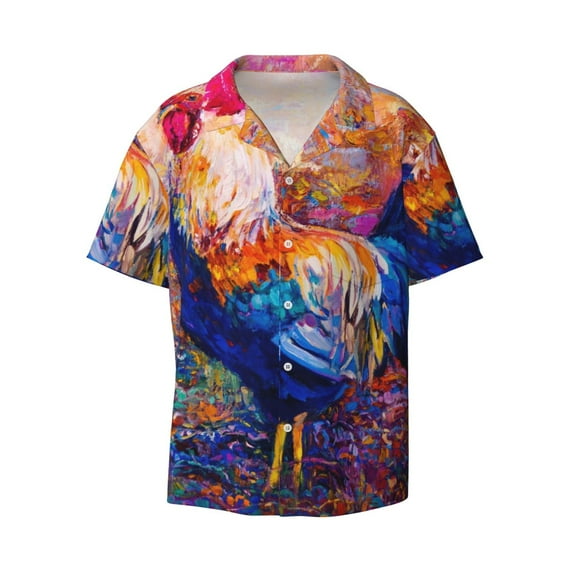 Naloa Rooster Oil Painting Men's Loose Fit Cuban Collar Short-Sleeve Shirt with Button-down and Chest Pocket for Everyday Wear Outings - 4X-Large