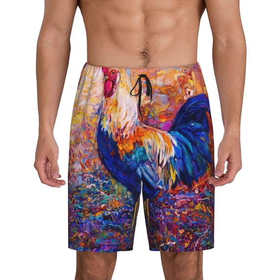 Naloa Rooster Oil Painting Men's Short Pajama Pants, Lounge Comfort Shorts with Elasticized Waistband and Side Pockets - Small