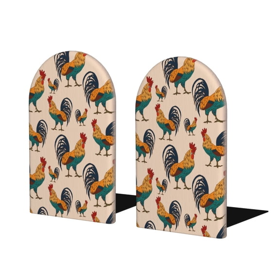 Naloa Rooster Wood Non-Skid Bookend for Shelves,Book Ends for Heavy Books, Book Stand for CDs,1 Pair