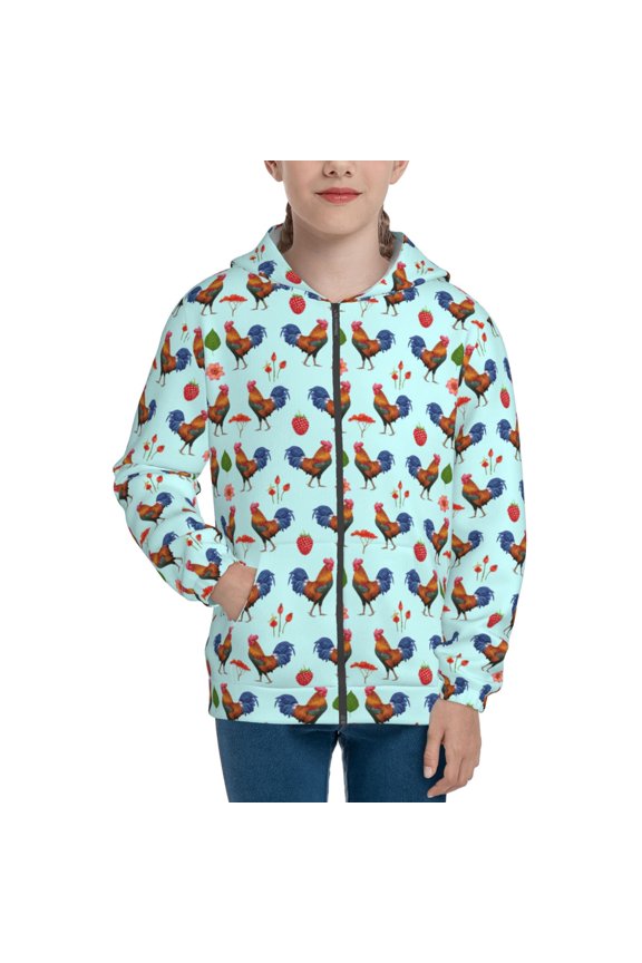 Roosters And Plants Teenage Zipper Hoodie, Long Sleeve Zip Up Hoodies Casual Jackets Tops for 7-12 Years-Small