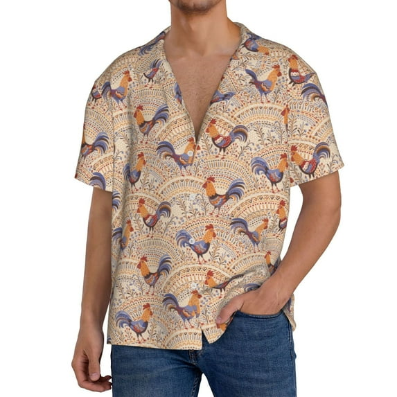 Naloa Roosters In Floral Men's Loose Fit Cuban Collar Short-Sleeve Shirt, Hawaiian Shirts, Mens Shirts Casual for Everyday Wear Outings-Large