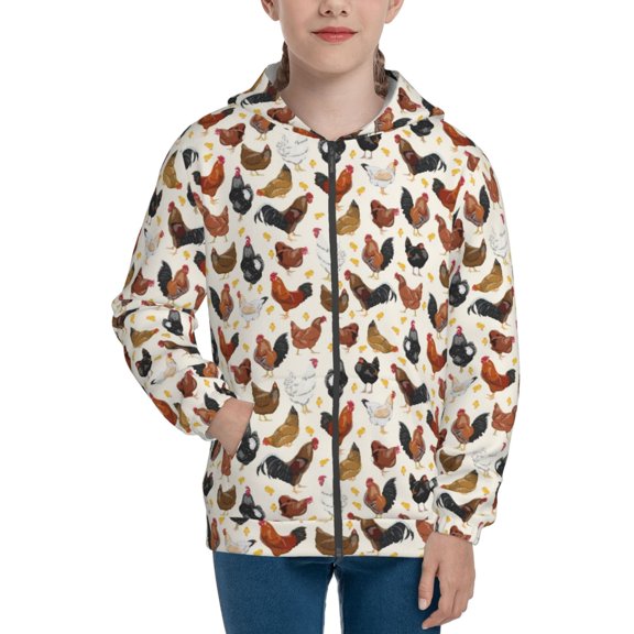 Naloa Roosters and Chickens Teenage Zipper Hoodie, Long Sleeve Zip Up Hoodies Casual Jackets Tops for 7-12 Years-Small