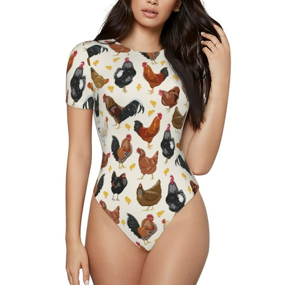 Naloa Roosters and Chickens Women's Short-Sleeved Onesie, One-Piece Swimsuit for Parties, dates, clubs - Medium