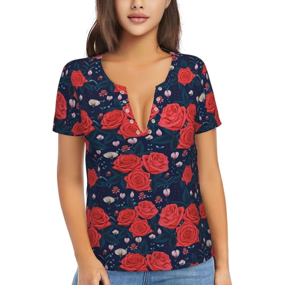 Naloa Rose Flower Print T-Shirts Short Sleeve V Neck Tees for Women Fashion Tops Trendy Lightweight Soft Casual Summer Outfits Clothes