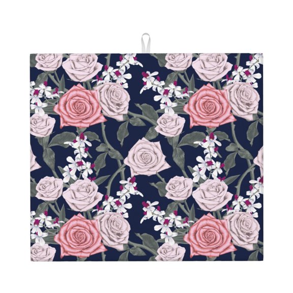 Naloa Rose Flowers Dish Drying Mat for Kitchen Counter, Heat Resistant Drainer Mats, Absorbent Draining Mat,Dish Rack Pad,16"x18"