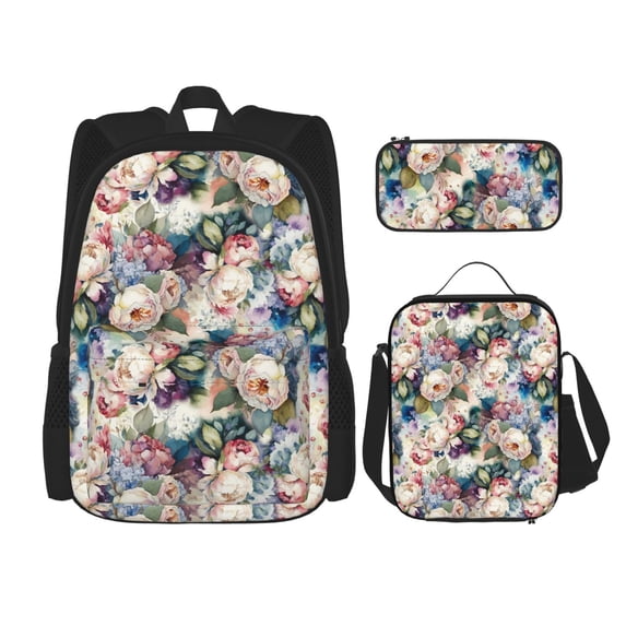 Naloa Rose Flowers Print Large Capacity Backpack Lunch Bag Pencil Case Combination 3 Piece Set for Student