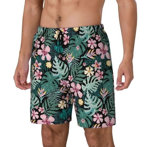 Naloa Rose Flowers Print Men Swim Trunks with Compression Liner ,Board Shorts,Men's Swim Shorts with Drawstring and Elastic Waistband-Medium