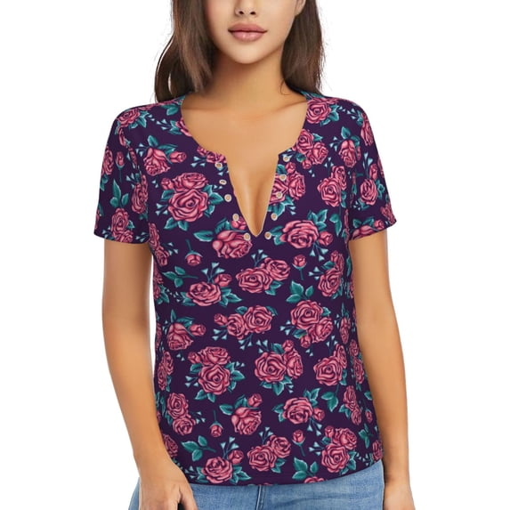 Naloa Rose Flowers Print T-Shirts Short Sleeve V Neck Tees for Women Fashion Tops Trendy Lightweight Soft Casual Summer Outfits Clothes