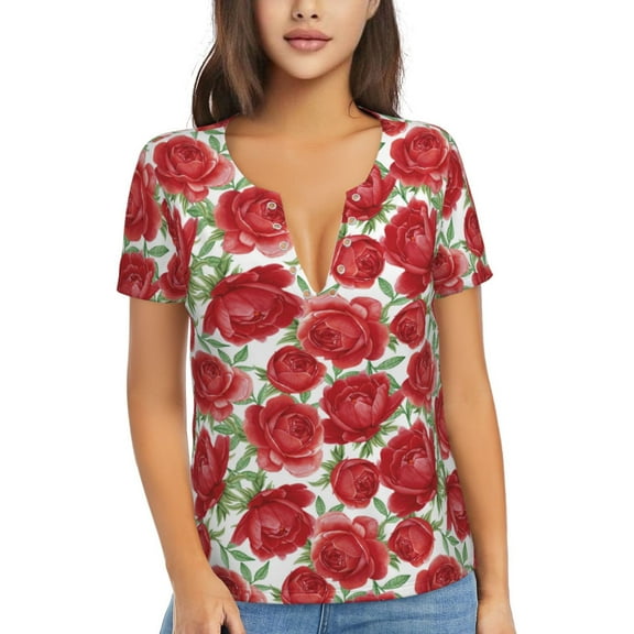 Naloa Rose Flowers Print T-Shirts Short Sleeve V Neck Tees for Women Fashion Tops Trendy Lightweight Soft Casual Summer Outfits Clothes