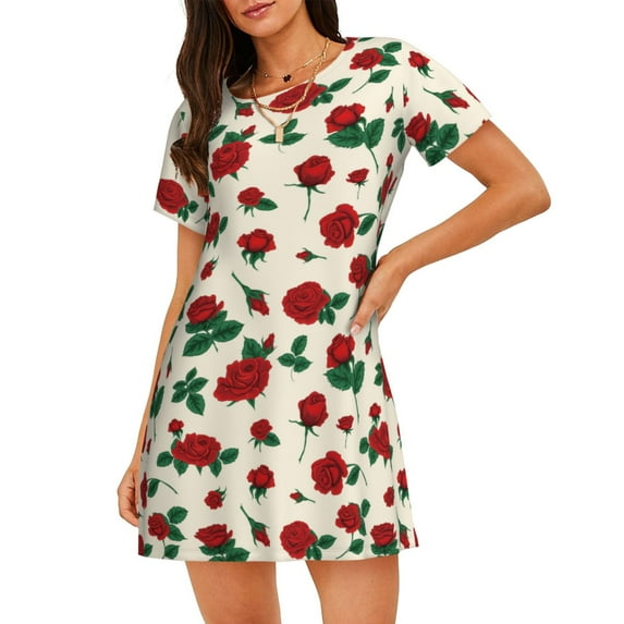Naloa Rose Flowers Print Women Nightgowns,Womens Loungewear,Short Sleeve Sleepwear,Comfy Ladies Nightdress