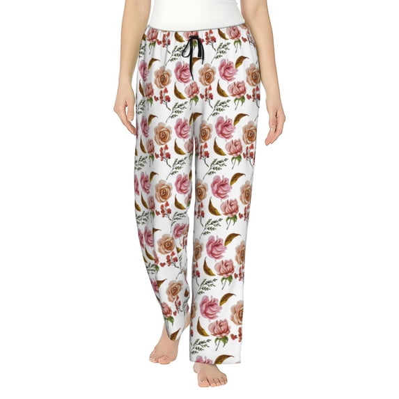 Naloa Rose Flowers Print Women’s Ultra-Soft Comfy Pajama Lounge Pants with Pockets & Drawstring