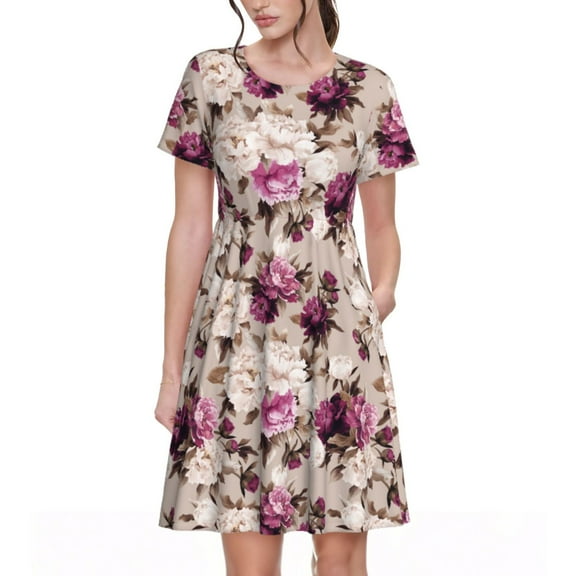 Naloa Rose Flowers Print Womens Summer A-Line Dress with Pockets,Short Sleeve Dresses,Flowy Beach Swing Dress for Vacation Travel
