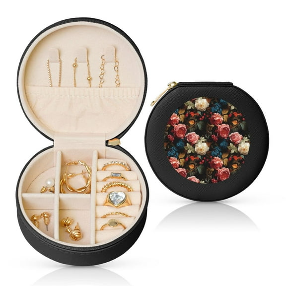 Naloa Rose Flowers Round Jewelry Box, Travel Jewelry Organizer, 3.9 x 3.9 x 2in Jewelry Storage Box for Women-Black