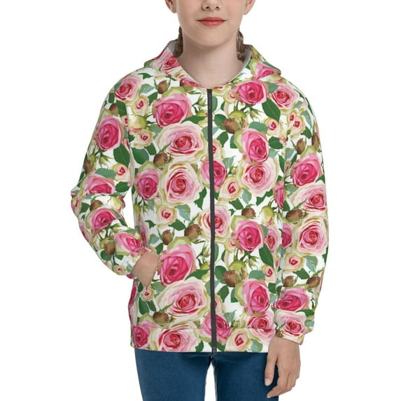 Naloa Rose Flowers Teenage Zipper Hoodie, Long Sleeve Zip Up Hoodies Casual Jackets Tops for 7-12 Years-Medium
