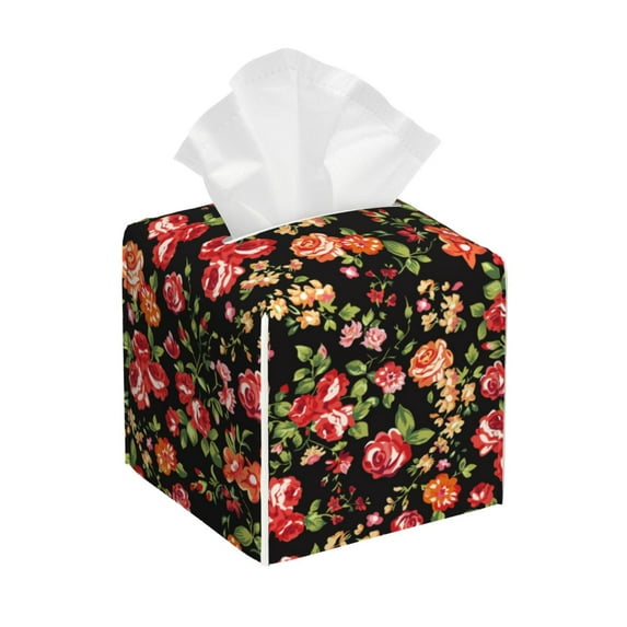 Naloa Rose Flowers Tissue Box CoverLeather Tissue Holder Square Facial Tissue Case Facial Paper Organizer Dispenser for Bathroom, Vanity Countertop, Tabletop, Car