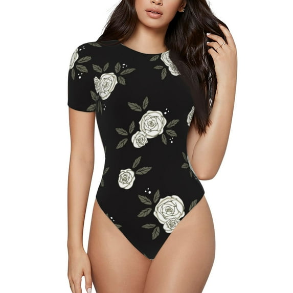 Naloa Rose Flowers Women's Short-Sleeved Onesie, One-Piece Swimsuit for Parties, dates, clubs - Small