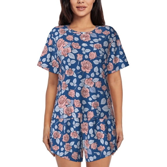 Naloa Rose Flowers Women's Short-Sleeved Pajama Set, Loungewear, Summer pajamas, Breathable Cozy - Large