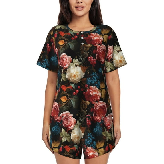 Naloa Rose Flowers Women's Short-Sleeved Pajama Set, Loungewear, Summer pajamas, Breathable Cozy - Medium