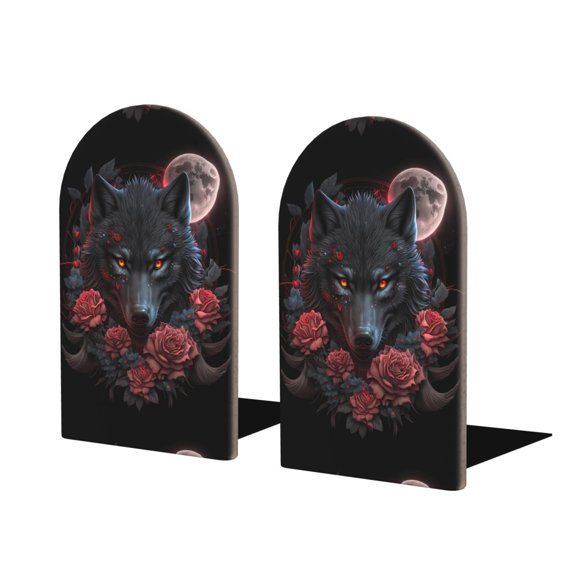 Naloa Rose Full Moon Black Wolf Wood Non-Skid Bookend for Shelves,Book Ends for Heavy Books, Book Stand for CDs,1 Pair