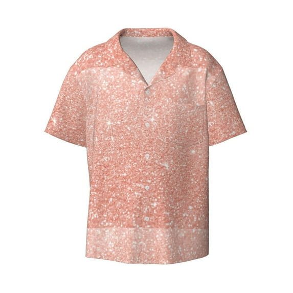 Naloa Rose Gold Glitter Men's Loose Fit Cuban Collar Short-Sleeve Shirt with Button-down and Chest Pocket for Everyday Wear Outings - 3X-Large