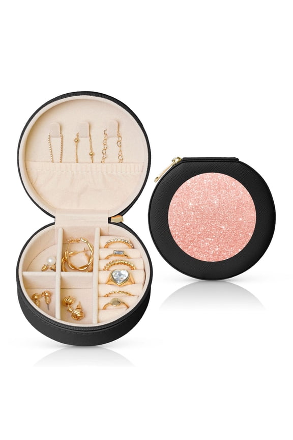 Rose Gold Glitter Round Jewelry Box, Travel Jewelry Organizer, 3.9 x 3.9 x 2in Jewelry Storage Box for Women-Black