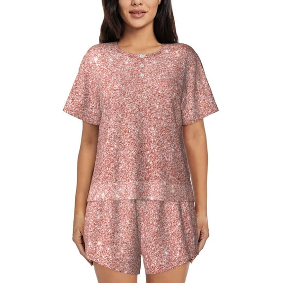 Naloa Rose Gold Pink Glitter Women's Short-Sleeved Pajama Set, Loungewear, Summer pajamas, Breathable Cozy - X-Large