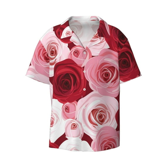 Naloa Rose Men's Loose Fit Cuban Collar Short-Sleeve Shirt with Button-down and Chest Pocket for Everyday Wear Outings - 4X-Large