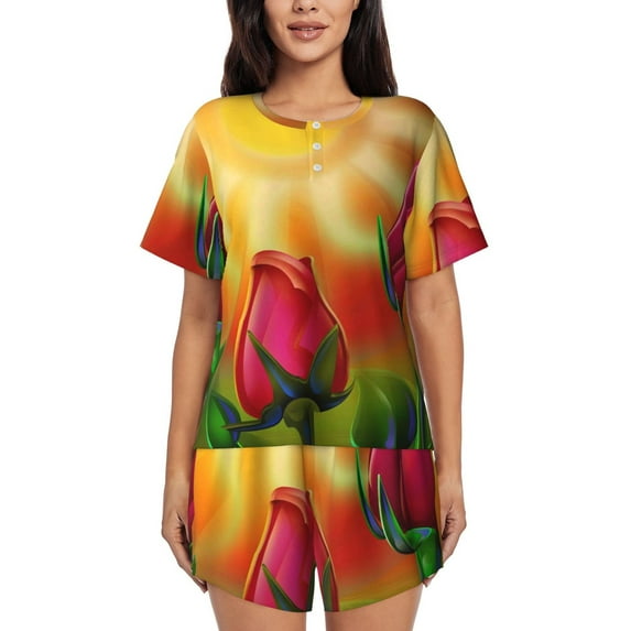 Naloa Rose Psychedelic Women's Short-Sleeved Pajama Set, Loungewear, Summer pajamas, Breathable Cozy - 4X-Large