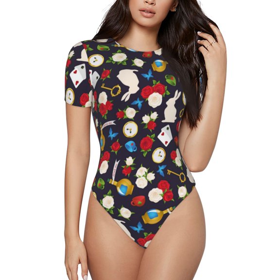 Naloa Rose Rabbit Women's Short-Sleeved Onesie, One-Piece Swimsuit for Parties, dates, clubs - Small