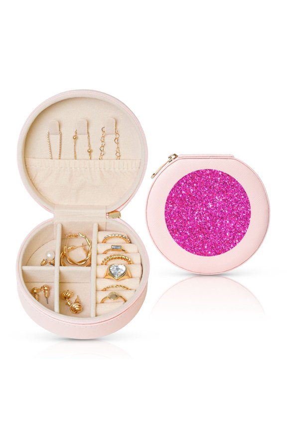 Rose Red Glitter Round Jewelry Box, Travel Jewelry Organizer, 3.9 x 3.9 x 2in Jewelry Storage Box for Women-Pink