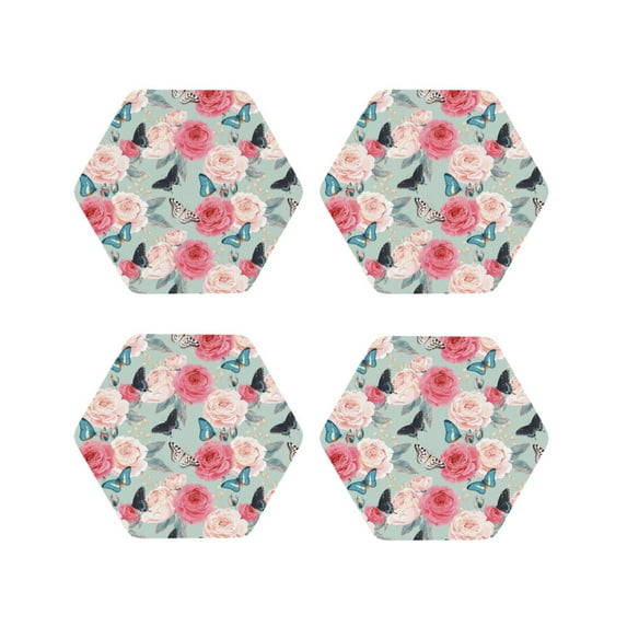Naloa Roses and Butterflies Leather Coasters for Drinks, Durable Drink Coasters 4 Set for Tabletop Protection, Luxurious Home Décor and Housewarming Gift ( {designName})Hexagon
