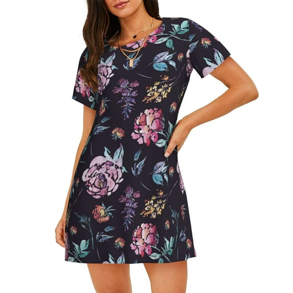 Naloa Roses Flowers Print Women Nightgowns,Womens Loungewear,Short Sleeve Sleepwear,Comfy Ladies Nightdress