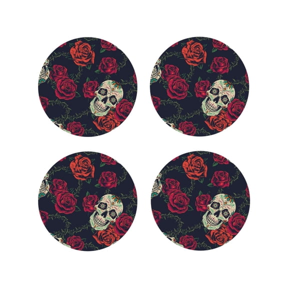 Naloa Roses Skulls Leather Coasters for Drinks, Durable Drink Coasters 4 Set for Tabletop Protection, Luxurious Home Décor and Housewarming Gift ( {designName})Round Shape