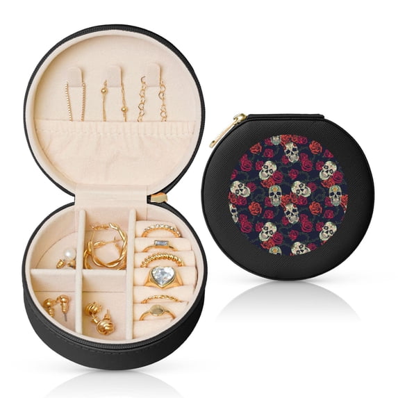 Naloa Roses Skulls Round Jewelry Box, Travel Jewelry Organizer, 3.9 x 3.9 x 2in Jewelry Storage Box for Women-Black