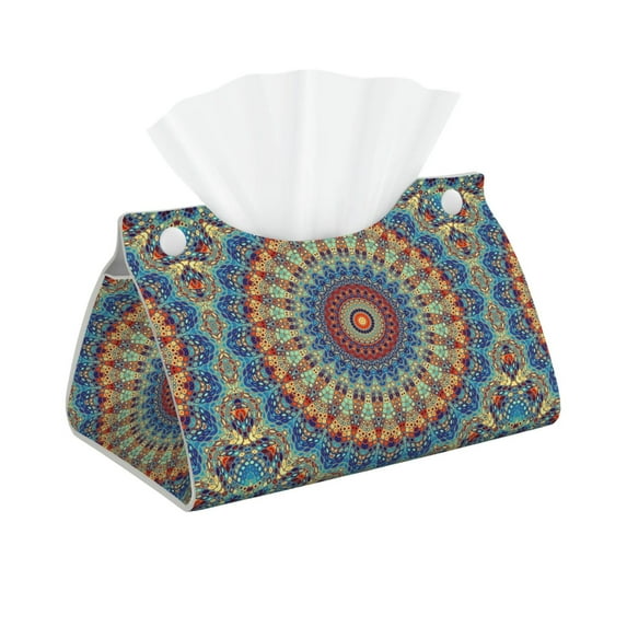 Naloa Round Mandala Print Leather Tissue Box Cover Rectangle | Long Tissue Box Cover | Tissue Box Holder | Tissue Holder for Bathroom