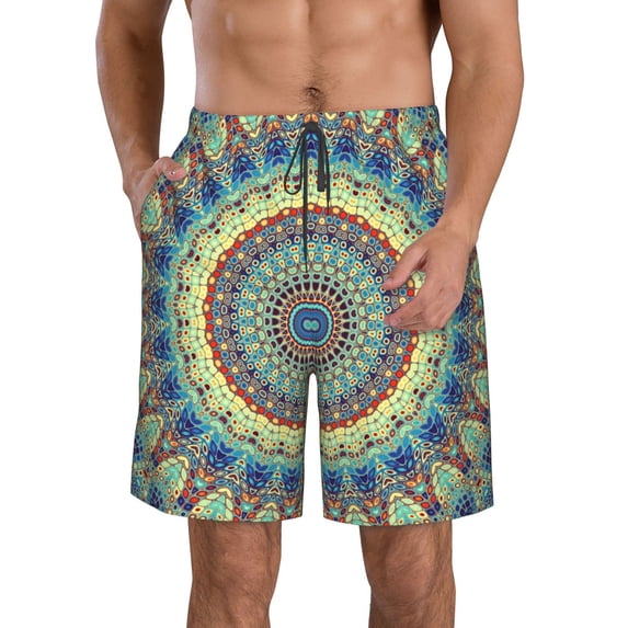 Naloa Round Mandala1 Men's Beach Shorts, Surfing shorts, Swim trunks, Quick Dry Swim Trunks for Surfing Beach Fun - X-Large