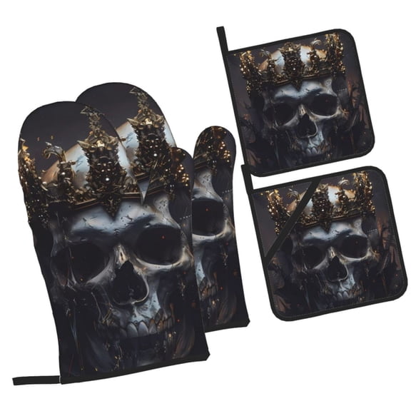 Naloa Royal Skull With Golden Crown Oven Mitts and Pot Holders 4 pcs Set, Cooking Baking Grilling Kitchen Oven Glove for Cooking