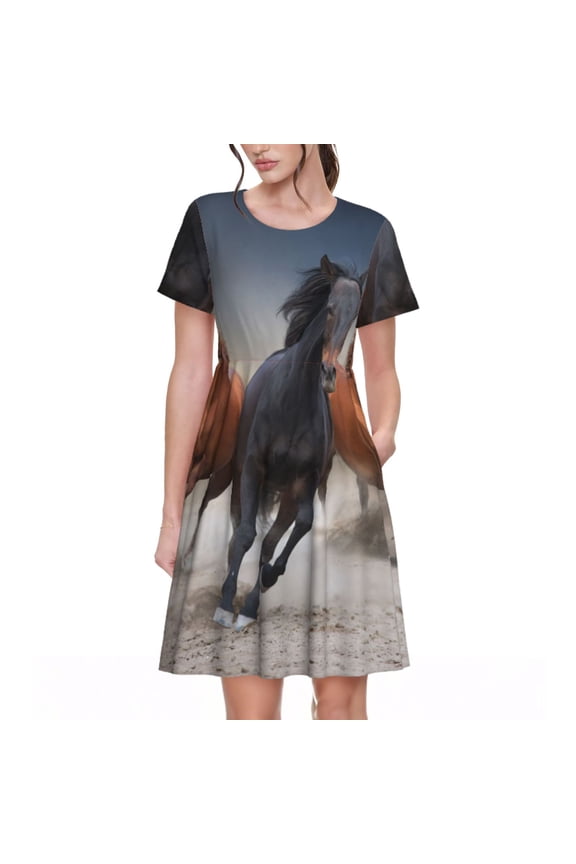 Running Horses Print Womens Summer A-Line Dress with Pockets,Short Sleeve Dresses,Flowy Beach Swing Dress for Vacation Travel