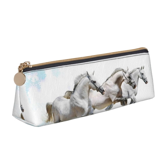 Naloa Running White Horses Print Leather Pencil Case - Portable Big Capacity Pencil Pouch Organizer Bag Stationery Bag for Work & Office Pencil Pen Case